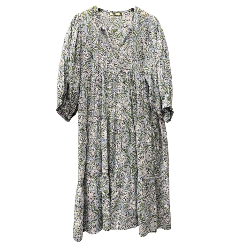 Dolma Mylah Dress Womens Medium Blue Green Floral Boho Midi V-Neck Cottagecore